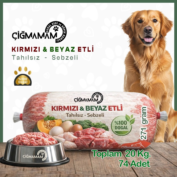 Kırmızı ve Beyaz Etli Tahılsız Çiğmamam Barf Köpek Maması 20 Kg. (74x271 Gr) – Doğal & Katkısız