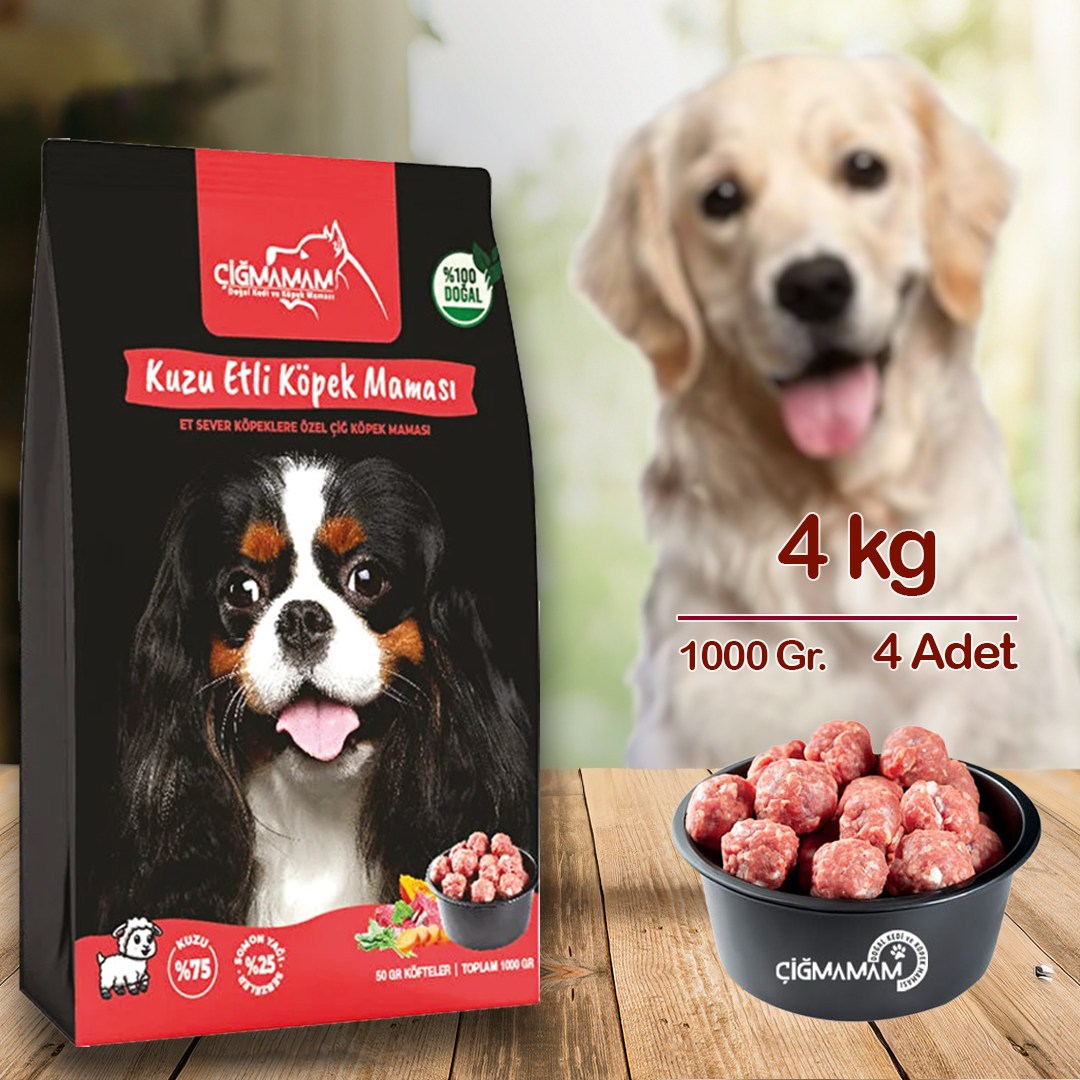 Kuzu Etli Köfte Çiğmamam Barf Köpek Maması 4 Kg. (4x1000 Gr) – Doğal & Katkısız