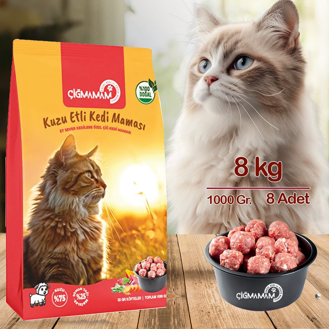 Kuzu Etli Köfte Çiğmamam Barf Kedi Maması 8 Kg. (8x1000 Gr) – Doğal & Katkısız
